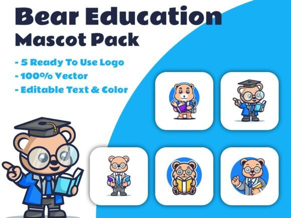 Bear Mascot Logo Bundle Set for Education
