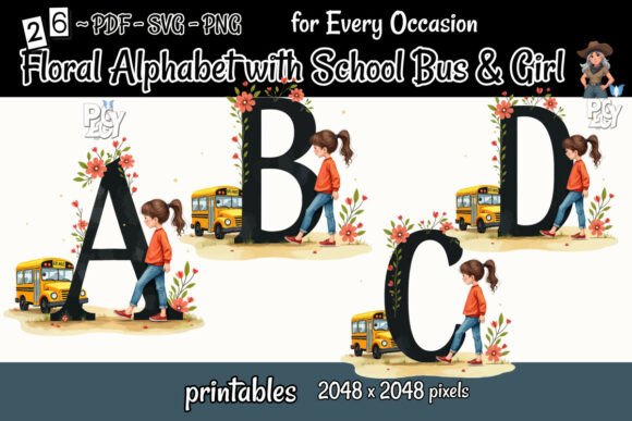 Floral Alphabet with School Bus Girl