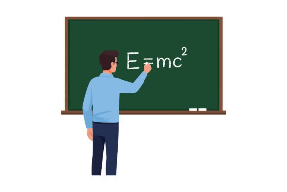 Male Teacher Writing Physics Formula on Chalkboard