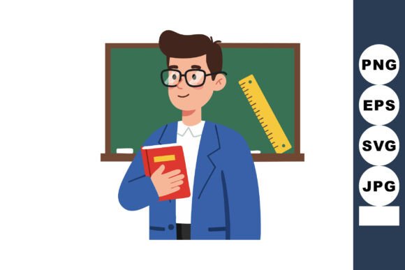 Teacher Holding Book in Front of Chalkboard Illustration